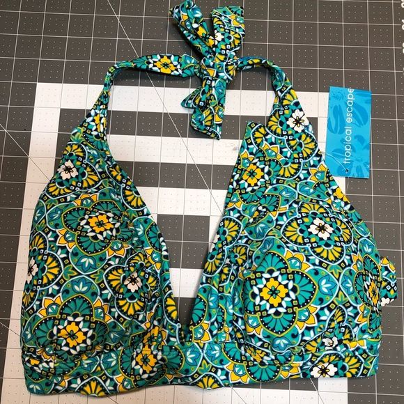 NWT Tropical Escape Swimsuit Top.Floral Print Blue Green Multicolor Yellow SZ 14 - Picture 4 of 7